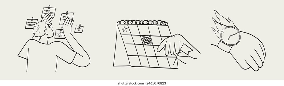 Time management concept. Efficient business or work organization, planning schedule, controlling work, setting priorities, reminders, doing tasks, deadline. Flat graphic vector illustrations isolated.