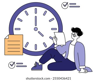 Concepto de gestión del tiempo. Empresario eficiente priorizando tareas con un reloj Grande como telón de fondo. Flujo de trabajo organizado, puntualidad y programación. Ilustración vectorial.