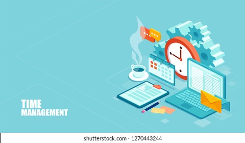 Time management concept. Efficient use of worktime for implementation of the business plan. Vector of a top view of the workplace. 