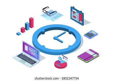Time management concept. Efficient use of worktime for implementation of the business plan. Vector of a top view of the workplace. EPS