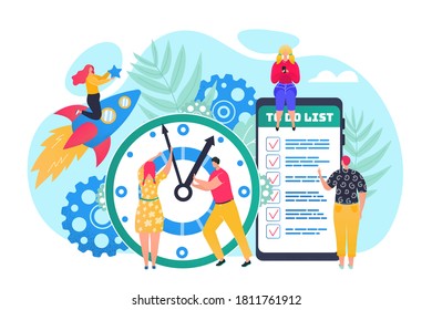 Time management concept, efficient use of time for implementation of business plan vector illustration. Clock, agenda and shedule in phone app for time organisation. Office managers planning tasks.