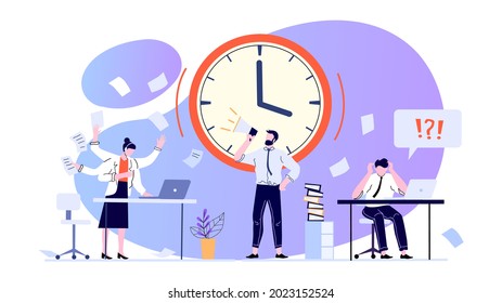 Time management concept. Employees working at office to meet deadline. Anxious office workers in panic. Boss shouting in loudspeaker at colleagues. Stressful environment with big clock