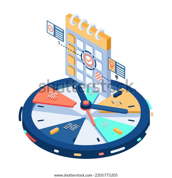 Time Management Concept. Flat 3d\
Isometric Clock divided into Parts with Calendar on\
Top.