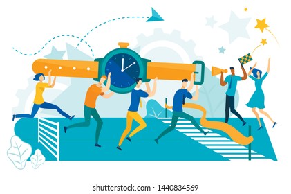 Time Management Concept Flat Cartoon Vector Illustration. Business People Carrying Watch to Finish Line. Process Organization and Team Work. Project Deadline. Running Competition or Race.