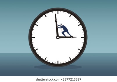 Ilustración de vectores de dibujos planos de concepto de administración de tiempo. Hombres tratando de parar el tiempo en el reloj. Posponing Task, Employees Deadline.