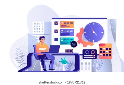 Time management concept in flat design. Planning and organizing workflow scene template. Man works at laptop, completes work tasks on deadline. Vector illustration of people characters activities