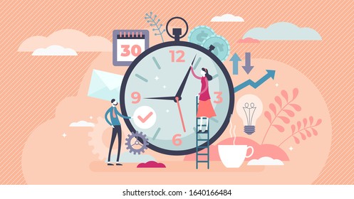 Time management concept, flat tiny persons vector illustration. Married couple planning daily life tasks and schedule for the fallowing days. Work and private life balance success.