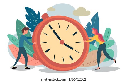 Time management concept, flat tiny persons vector illustration. Couple planning daily life tasks and schedule for the fallowing days. Work and private life balance success.