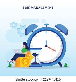 Concepto de administración de tiempo, Estilo de plantilla de vector plano Adecuado para la página de aterrizaje web, Fondo.	