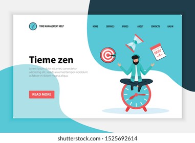 Time management concept flat web landing page banner with employee in yoga pose on clock vector illustration   