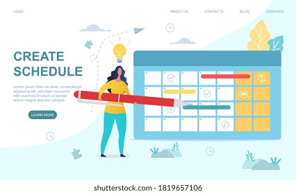 Time management concept with a girl making up a schedule. Flat vector illustration. Web page or landing page template. Flat vector illustration