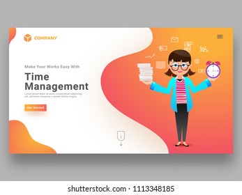 Time management concept with a girl performing multiple tasks in certain time period. Responsive web banner design.