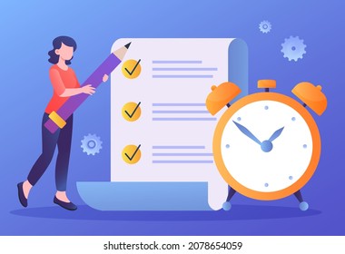 Time management concept. Girl puts check mark on sheet of paper with pencil. Planning, setting tasks, goals. Character fulfills plan for day, efficiency assessment. Cartoon flat vector illustration
