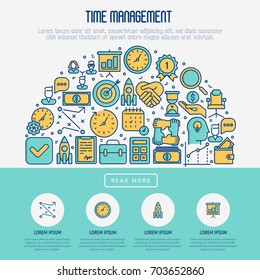 Time management concept in half circle with thin line icons. Development of business process. Vector illustration for banner, web page, print media.