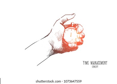Time management concept. Hand drawn male hand with stopwatch. Watch in hand as symbol of deadline isolated vector illustration.