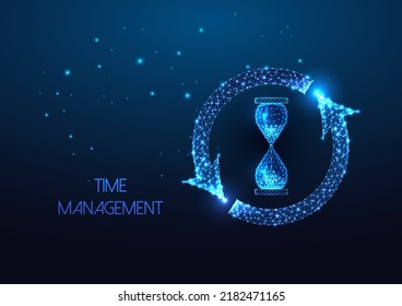 Time management concept with hourglass and cycle arrows symbol in futuristic glowing style on blue