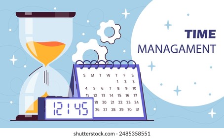 Time management concept. Hourglass, timer and calendar. Planning, scheduling and organizing effective work process. Watch and clock. Landing webpage design. Flat vector illustration