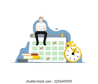 Time management concept, Human typing laptop on calendar, Digital marketing illustration.