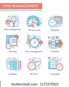 Time management concept icons, thin line color set, flat design