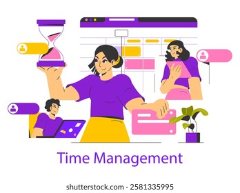 Time management concept illustrated through diverse characters engaging with technology. Features a woman holding an hourglass, demonstrating effective use of time with digital tools. Vector