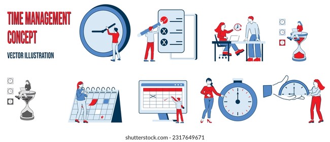 Time Management concept illustration. Set of people in various activities of Time Management. Vector illustration eps10