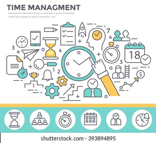 Time Management Concept Illustration, Thin Line Flat Design