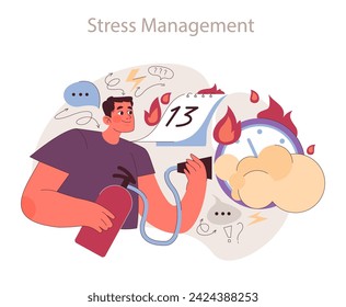 Time Management concept. Individual tackles stress with practical strategies, symbolized by clocks and calm imagery.