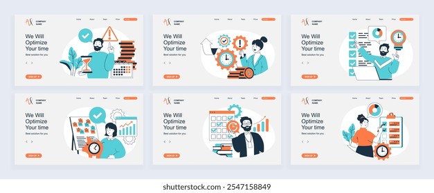 Time management concept of landing page with slide templates set in flat design. Website headers with people managing daily schedule, planning tasks in checklists to deadline. Vector illustrations.