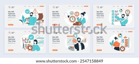 Time management concept of landing page with slide templates set in flat design. Website headers with people managing daily schedule, planning tasks in checklists to deadline. Vector illustrations.