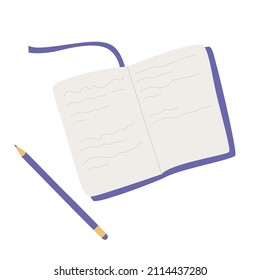 Time management concept. List of important things. Open diary with a pencil. From scratch. Planner with notes and stickers. Illustrative vector isolated on white background.
