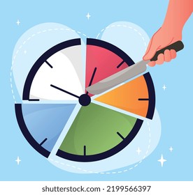 Time Management Concept. Man Cuts Clock Into Multicolored Pieces With Knife. Metaphor For Efficient Workflow. Talented And Hardworking Employee Or Entrepreneur. Cartoon Flat Vector Illustration