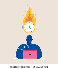 Concepto de gestión del tiempo. El hombre se centró en la fecha límite de trabajo. Ilustración vectorial colorida