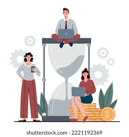 Time management concept. Man and girls with laptop sitting on big clock and stack of coins. Financial literacy and passive income. Efficient workflow in company. Cartoon flat vector illustration