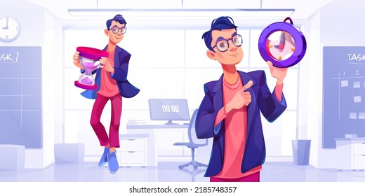 Time management concept with man with hourglass and clock in office. Vector cartoon illustration of work organization, deadline, time control with businessman character with watch