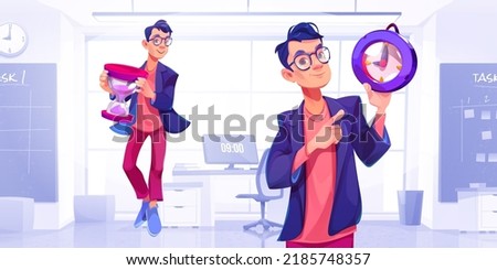 Time management concept with man with hourglass and clock in office. Vector cartoon illustration of work organization, deadline, time control with businessman character with watch