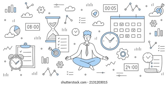 Zeitmanagement-Konzept mit Mensch-Meditat in Yoga-Pose und Icons von Uhr, Gang, Ziel und Kalender. Vektordoodle-Illustration von Geschäftsleuten Relaxen und Zeichen von Uhr, Stundenglas und Graphen-Symbole