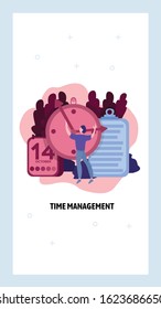 Time management concept. Man set the clock Business schedule and calendar. Vector web site design template. Landing page website concept illustration