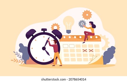 Concepto de gestión del tiempo. El hombre pone el reloj, y la chica se sienta en el calendario. Planificación, establecimiento de objetivos, fechas importantes. Elementos gráficos para el sitio web. Programación, tarea, personas. Dibujo vectorial plano de dibujos animados