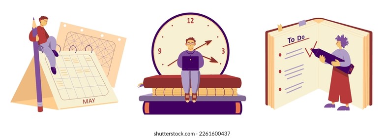 Time management concept. Man and woman plan work task, meet deadlines and make to do list. Scheduling and business process organisation. Flat vector illustration set isolated on white