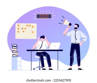 Concepto de gestión del tiempo. Gestor con altavoz presionando al trabajador. Empleado estresado con dolor de cabeza sentado al máximo con portátil. Entorno estresante, portador de fecha límite de reunión de la persona