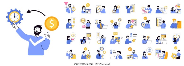 Time management concept mega set with character scenes in flat design for web. Bundle situations with people manage schedule with clock, plan tasks in calendar, work to deadline. Vector illustrations.