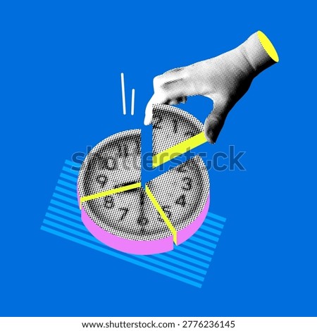 Time management concept. Modern collage with clock in the shape of pie chart. Business analytics. Marketing analysis. Timekeeping. Time tracking