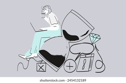 Time management concept. Modern flat digital illustration of time management metaphor, a stopwatch, timeline and people in workflow. Creative vector illustration for web page, banner, poster, ads. 