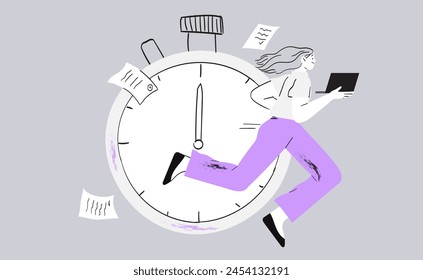 Time management concept. Modern flat digital illustration of time management metaphor, a stopwatch, timeline and people in workflow. Creative vector illustration for web page, banner, poster, ads. 