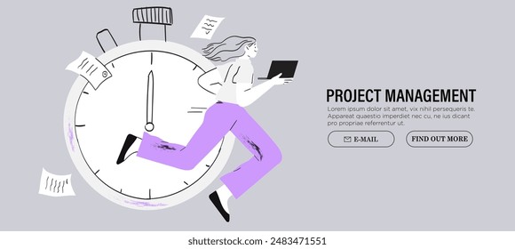 Time management concept. Modern flat digital illustration of time management metaphor, a stopwatch, timeline and people in workflow. Creative vector illustration for web page, banner, poster, ads.