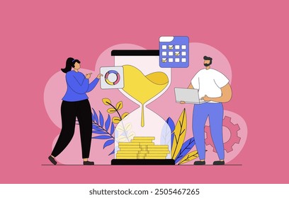 Time management concept with modern flat design for web. Man and woman using schedule with to-do lists, managing productivity process and making work efficiency optimization. Vector illustration.