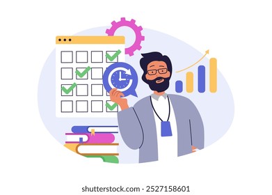 Conceito de gerenciamento de tempo em design plano moderno para web. Trabalho de planejamento manual, definição de tarefas no calendário, organização do fluxo de trabalho de produtividade com prazos, uso do cronograma de trabalho. Ilustração vetorial.