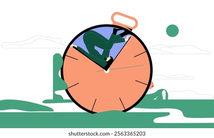 Time management concept. Modern flat digital illustration of time management metaphor, a stopwatch, timeline and woman in workflow. Creative vector illustration for web page, banner, poster, ads.