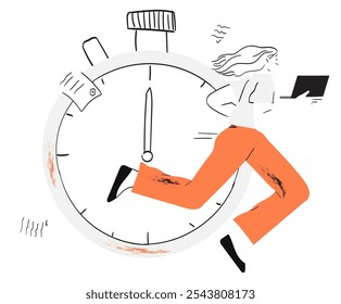Conceito de gerenciamento de tempo. Desenho de caractere de linha moderno. Metáfora de gerenciamento de tempo, cronômetro, linha do tempo e mulher no fluxo de trabalho. Ilustração vetorial criativa para página da web, banner, cartaz, anúncios.