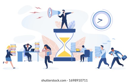 Time management concept. Multiracial office workers trying to finish work on time. Working in high stress conditions and under hard boss pressure. Vector illustration